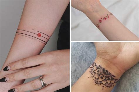 Exemples de tatouages bracelet femme inspirés par la nature : une branche de mimosa, une fleur de lotus, une branche de cerisier.