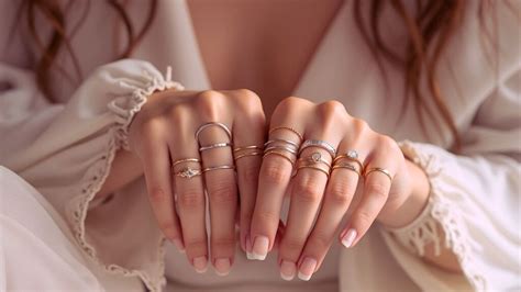 Photographie de plusieurs doigts ornés de bagues fantaisie dorées et argentées, illustrant la tendance du 