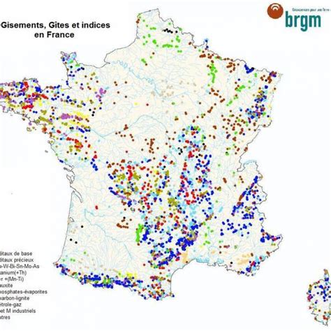 Carte de France mettant en évidence les régions riches en gisements de pierres précieuses et semi-précieuses.