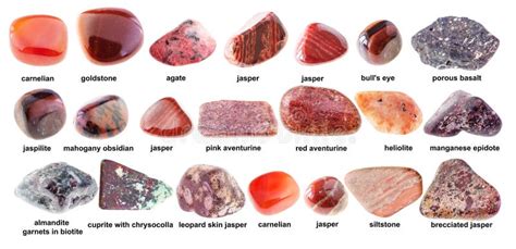 Illustration des différentes pierres rouges mentionnées, avec leurs couleurs caractéristiques.