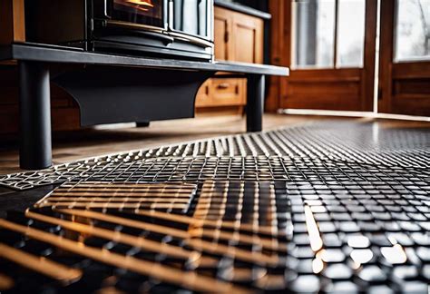 Composition de différentes plaques de sol pour poêles à bois : acier époxy noir, tôle à damier aluminium, verre trempé et inox brossé.