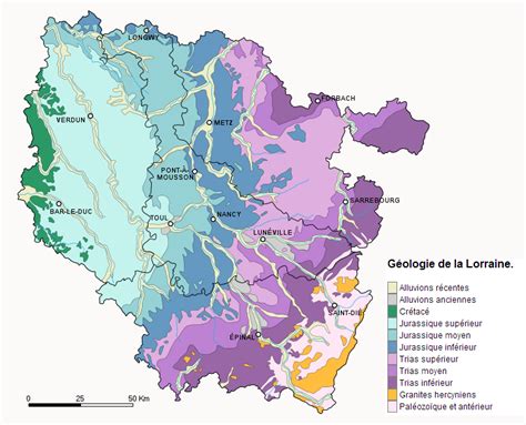 Carte géologique de la Lorraine avec indication des principaux sites d'extraction de minéraux et de pierres de construction.