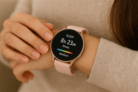 Interface d'une montre connectée féminine affichant les notifications et le suivi d'activité