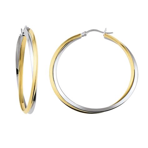 Photo de boucles d'oreilles créoles bicolores en acier inoxydable de 3 cm.
