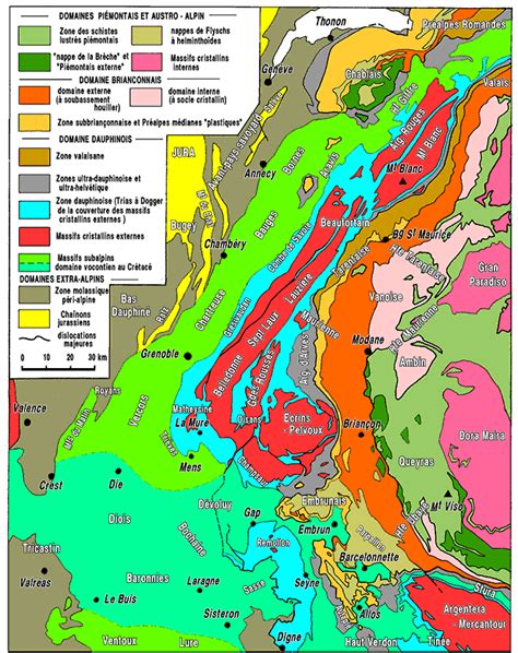 Carte géologique simplifiée des Alpes montrant les zones de formation des cristaux.