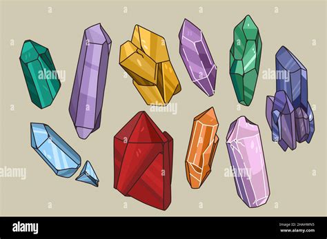 Illustration de diverses pierres semi-précieuses et minéraux colorés.