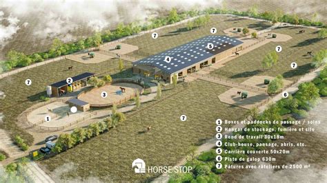 Vue générale des installations de l'écurie, incluant paddocks et carrière.