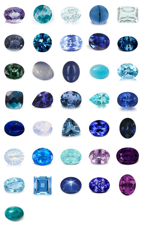 Tableau comparatif des différentes pierres bleues : saphir, aigue-marine, topaze, tanzanite