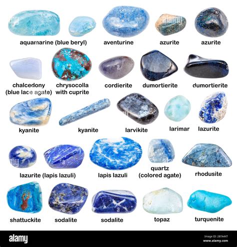 Collage de différentes pierres bleues : agate, lapis-lazuli, sodalite, diamant bleu, aigue-marine, saphir