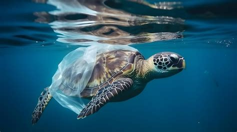 Photo de tortue marine nagée parmi des déchets plastiques