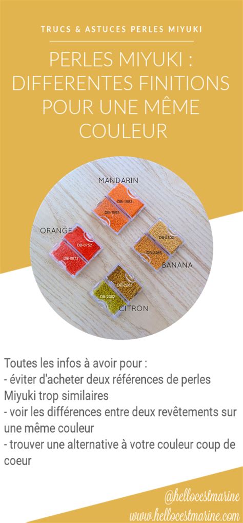 Infographie détaillant les différentes finitions des perles Miyuki (opaque, brillant, silverline, etc.)
