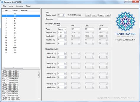 Schéma de l'interface du PandoraStar Sequence Editor