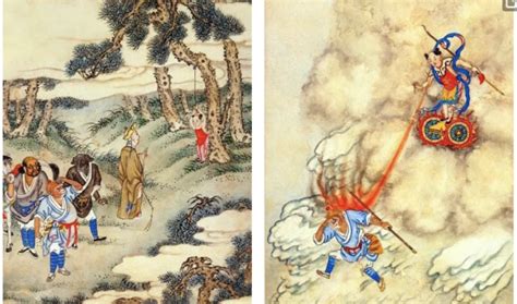 Scène de combat humoristique avec des personnages du folklore chinois