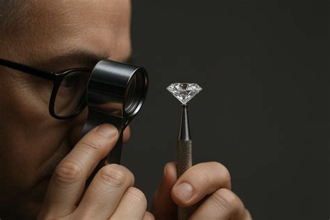 Illustration d'un gemmologue examinant un diamant sous une loupe