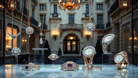 Photographie de bijoux élégants et d'une montre de luxe pour illustrer le secteur de la bijouterie.