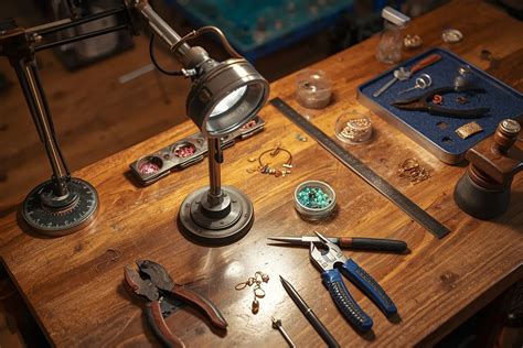 Illustration d'un bijoutier travaillant à son établi, entouré d'outils et de métaux précieux.