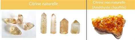 Comparaison visuelle de citrine naturelle et de citrine traitée thermiquement.