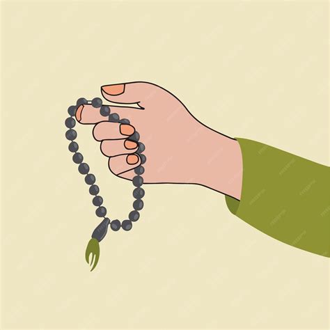 Illustration d'une main tenant un tasbih, avec des perles d'hématite scintillantes.