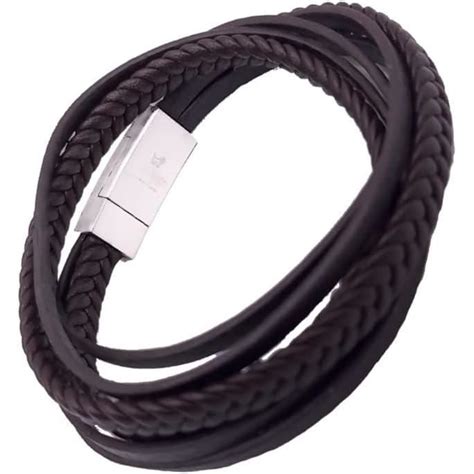 Vue d'ensemble d'un bracelet en cuir tressé noir avec un fermoir aimanté argenté