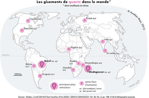 Carte des principaux gisements de quartz rose dans le monde