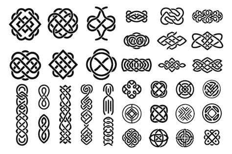 Représentation artistique d'un ensemble de bagues celtiques avec divers motifs complexes.