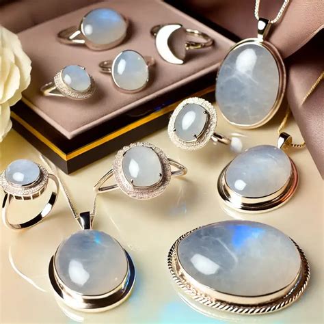 Collection de bijoux en pierre de lune (bagues, bracelets, pendentifs).
