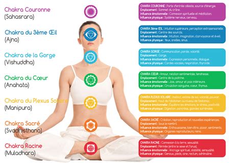 Schéma des chakras du corps humain avec indication des chakras influencés par l'œil de tigre.