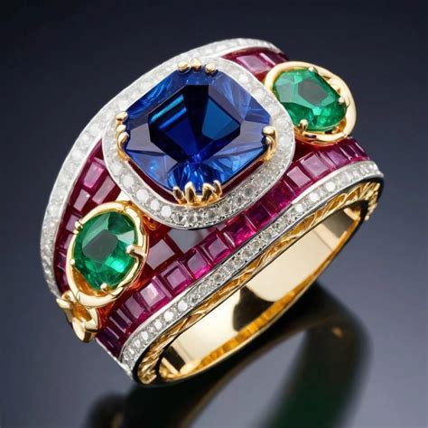 Illustration d'un bijou complexe avec des pierres précieuses serties sur une monture en or.