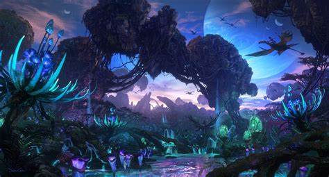 Concept art d'une jungle luxuriante de Pandora avec des créatures volantes