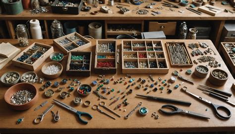 Photo de l'atelier de Michel Cluytens avec des outils et des matériaux de bijouterie.