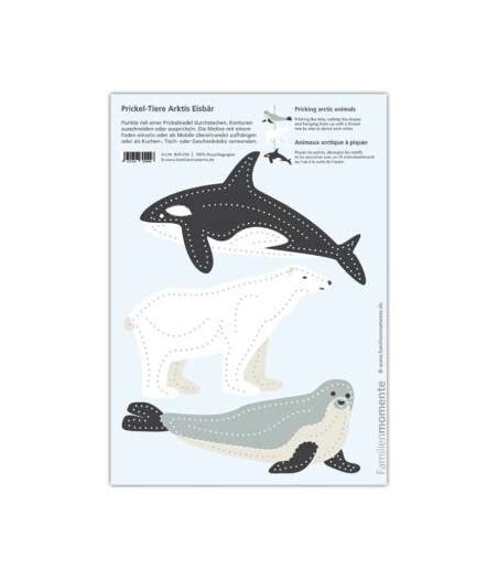 Illustration de différentes planches de poinçonnage avec des animaux marins : pieuvre, crabe, étoile de mer, morse, bébé phoque.