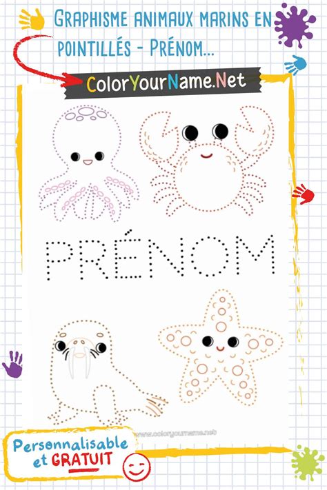 Exemple de fiche de graphisme avec des animaux marins et des pointillés à suivre pour l'apprentissage de l'écriture.