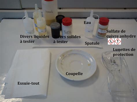Matériel nécessaire pour l'expérience de cristallisation du sulfate de cuivre.