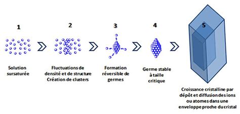 Diagramme illustrant les phases de nucléation et de croissance des cristaux.