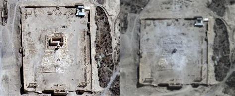 Comparaison satellite avant et après la destruction du temple de Baal à Palmyre.