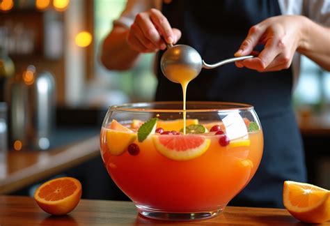 Photo d'un Punch Polynésien servi dans un grand pichet, décoré de fruits tropicaux