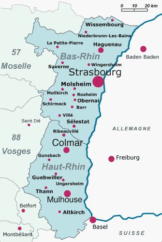 Carte de l'Alsace avec des points d'intérêt marqués pour les programmes immobiliers