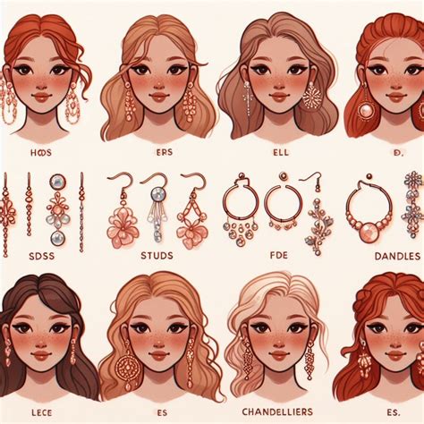 Schéma comparatif des différents styles de boucles d'oreilles : pendantes, dormeuses, clous
