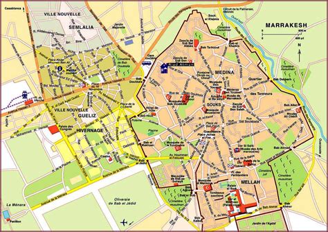 Carte schématique des 18 souks de la médina de Marrakech, indiquant leur emplacement et leur spécialisation
