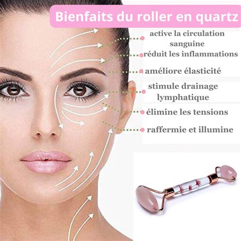 Illustration de la technique de drainage lymphatique facial avec un rouleau de quartz rose.