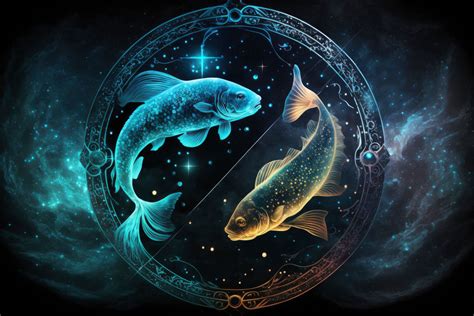 Illustration stylisée du signe astrologique des Poissons avec des éléments aquatiques et romantiques