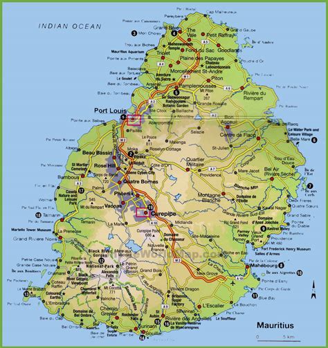 Carte de l'île Maurice mettant en évidence les hôtels Constance Belle Mare Plage et Constance Prince Maurice.
