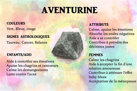 Une infographie présentant les différentes vertus de l'aventurine : chance, prospérité, harmonie, communication, vitalité, créativité et protection.