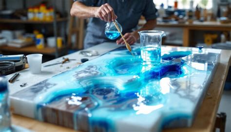 Schéma illustrant les différentes applications d'une résine époxy transparente sur des objets d'art et des meubles.