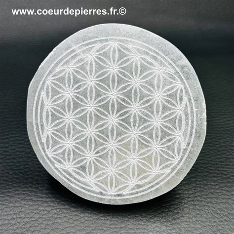 Image d'une fleur de vie en bois avec une pierre œil de tigre posée dessus, symbolisant le rechargement
