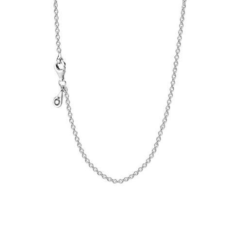 Schéma de la chaîne maille forçat Pandora avec ses éléments distinctifs : argent 925/1000e, étiquette logo, fermoir mousqueton