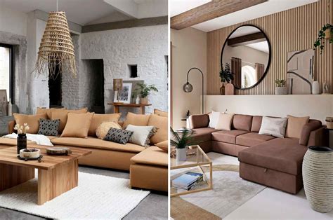 Photo d'ambiance d'un salon moderne mettant en scène le canapé panoramique Topaze, soulignant son style boho et son revêtement en velours côtelé.