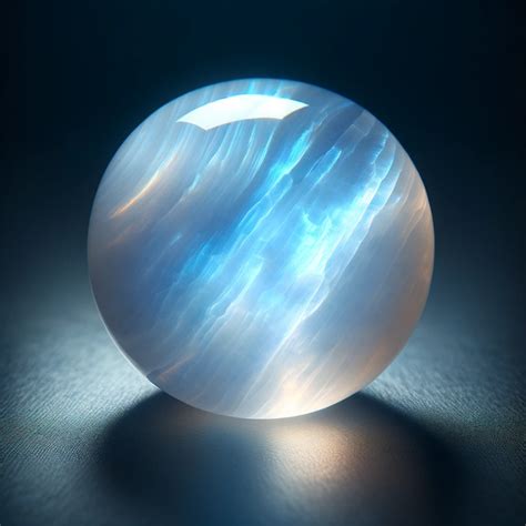 Gros plan sur une pierre de lune, illustrant l'effet d'adularescence avec des reflets bleutés.