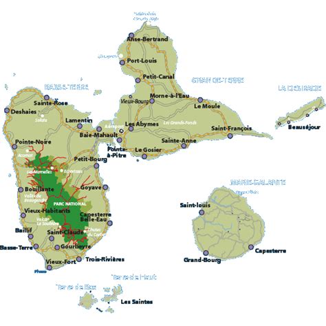 Carte de l'archipel guadeloupéen avec mise en évidence des îles du sud : La Désirade, Marie-Galante, Les Saintes.