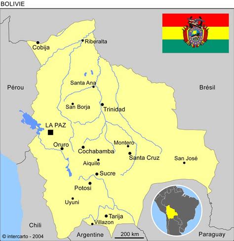 Carte de la Bolivie avec la province de Santa Cruz mise en évidence, près de la frontière brésilienne.